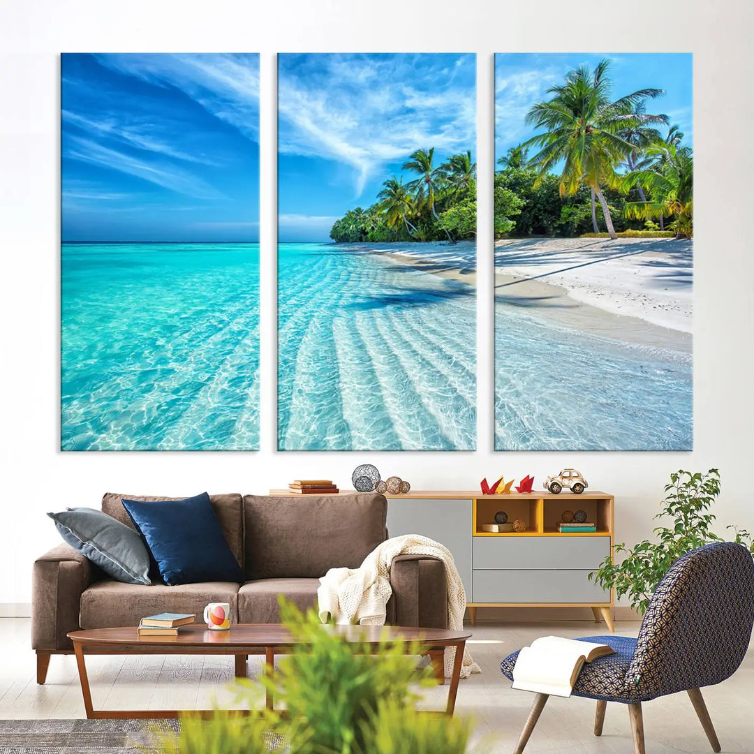 Tropical Beach Canvas Wall Art Print - Serene Ocean Landscape with Crystal Clear Turquoise Water and Palm Trees, Perfect for Coastal Wall Decor