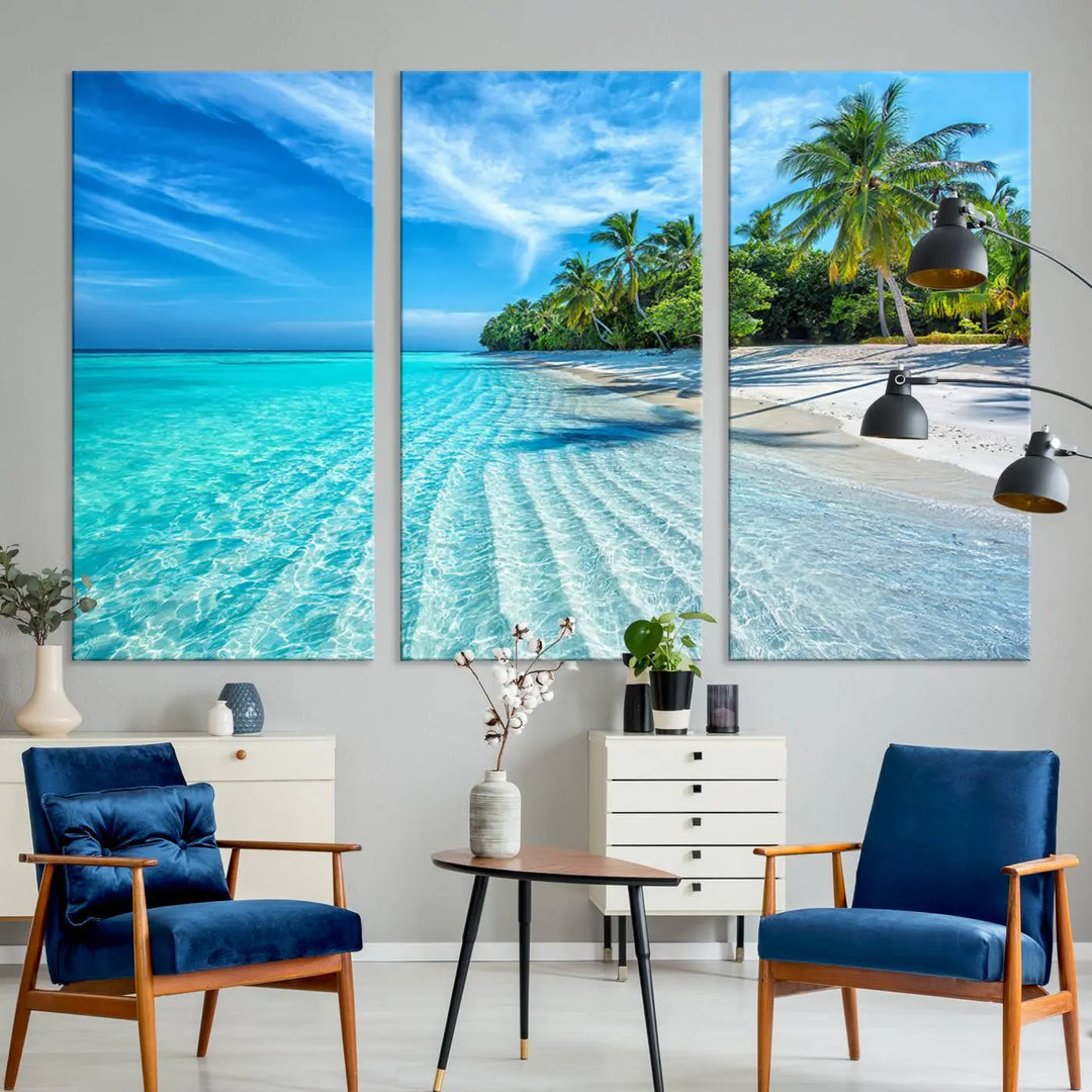 Tropical Beach Canvas Wall Art Print - Serene Ocean Landscape with Crystal Clear Turquoise Water and Palm Trees, Perfect for Coastal Wall Decor