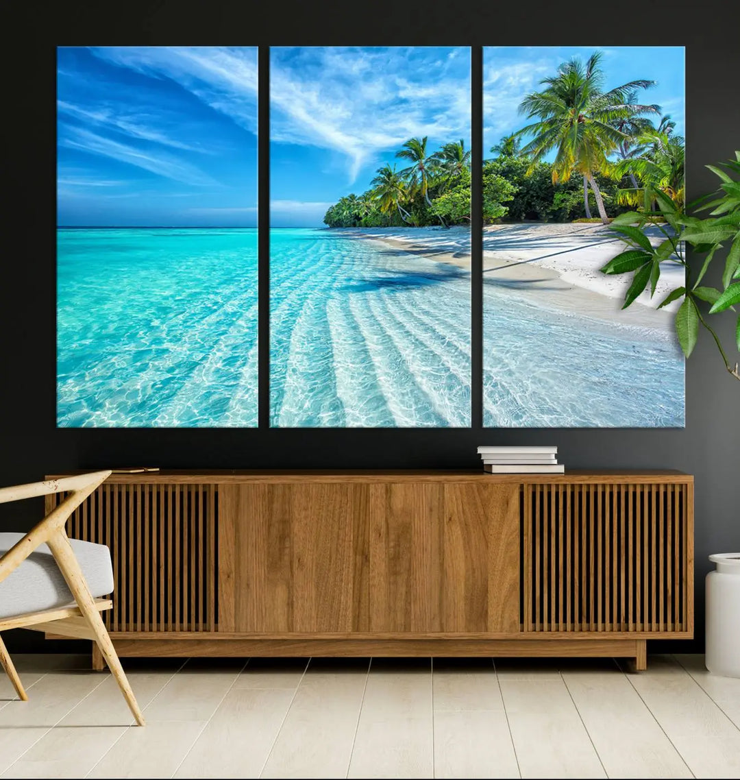 Tropical Beach Canvas Wall Art Print - Serene Ocean Landscape with Crystal Clear Turquoise Water and Palm Trees, Perfect for Coastal Wall Decor