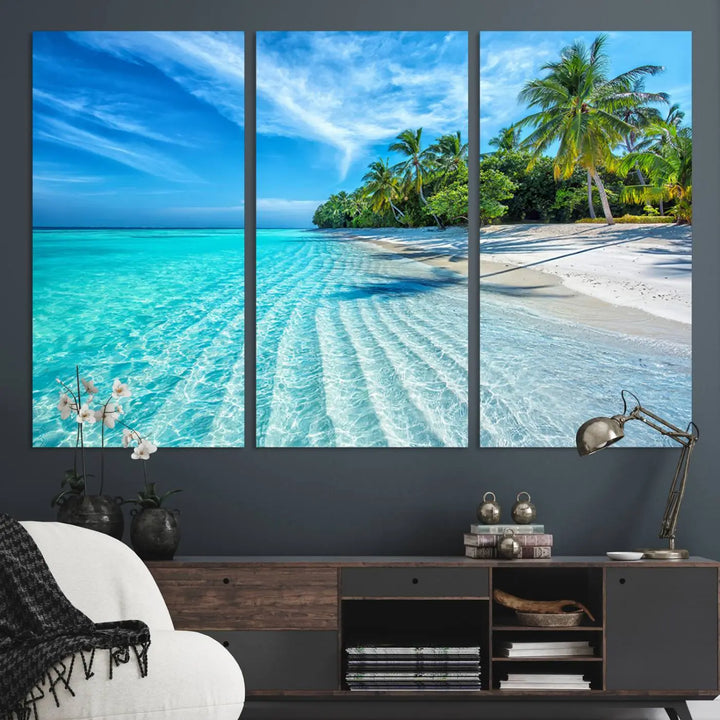 Tropical Beach Canvas Wall Art Print - Serene Ocean Landscape with Crystal Clear Turquoise Water and Palm Trees, Perfect for Coastal Wall Decor