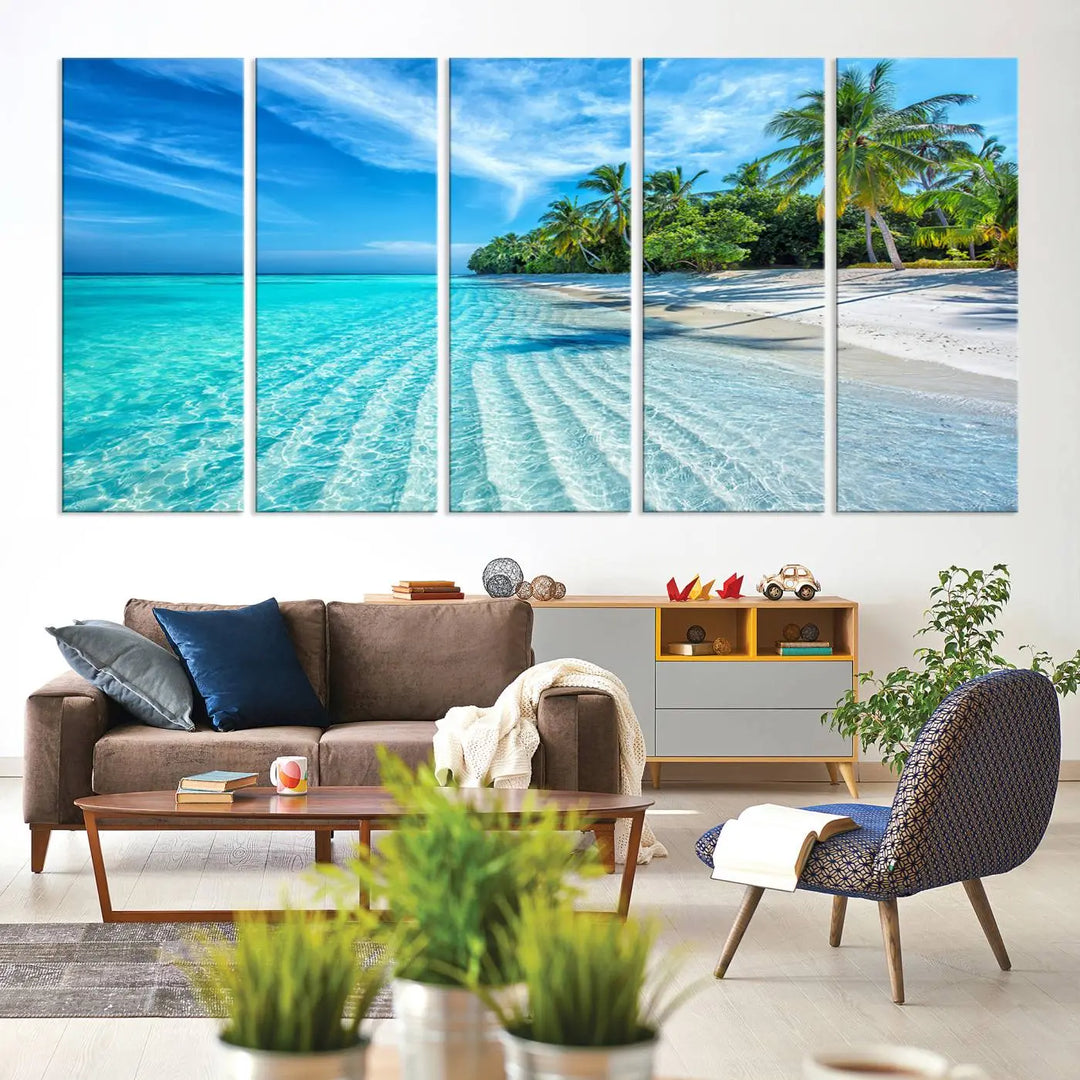 Tropical Beach Canvas Wall Art Print - Serene Ocean Landscape with Crystal Clear Turquoise Water and Palm Trees, Perfect for Coastal Wall Decor