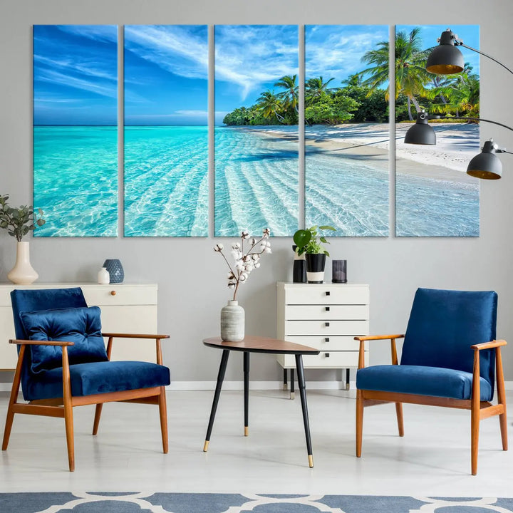 Tropical Beach Canvas Wall Art Print - Serene Ocean Landscape with Crystal Clear Turquoise Water and Palm Trees, Perfect for Coastal Wall Decor