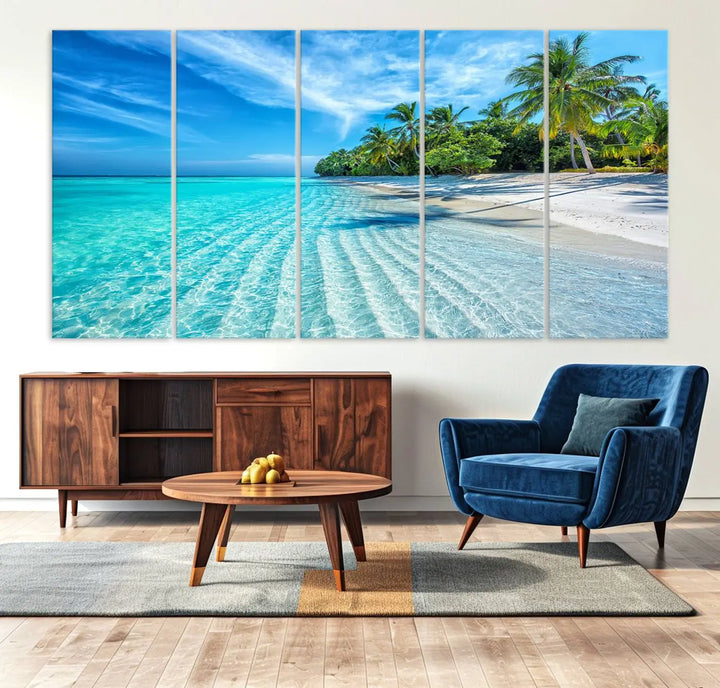 Tropical Beach Canvas Wall Art Print - Serene Ocean Landscape with Crystal Clear Turquoise Water and Palm Trees, Perfect for Coastal Wall Decor