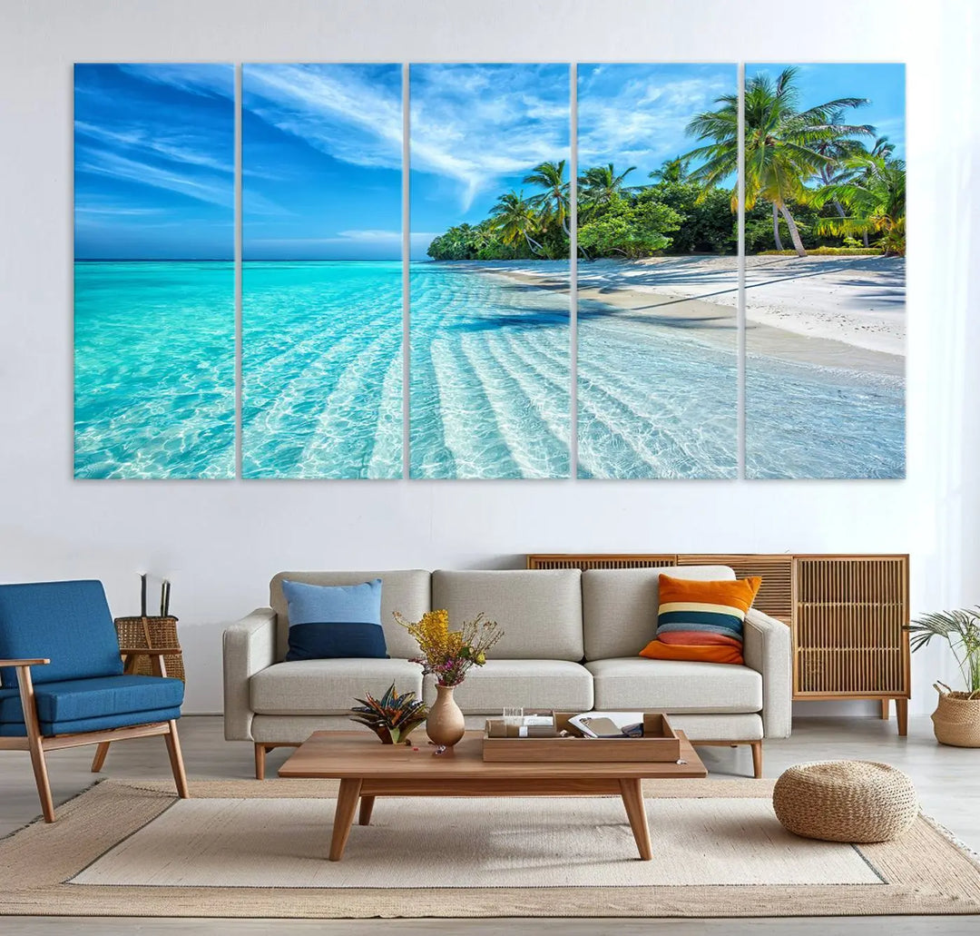 Tropical Beach Canvas Wall Art Print - Serene Ocean Landscape with Crystal Clear Turquoise Water and Palm Trees, Perfect for Coastal Wall Decor