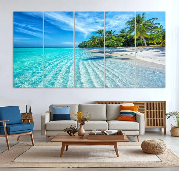 Tropical Beach Canvas Wall Art Print - Serene Ocean Landscape with Crystal Clear Turquoise Water and Palm Trees, Perfect for Coastal Wall Decor