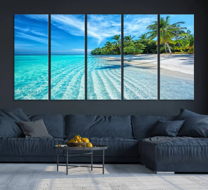 Tropical Beach Canvas Wall Art Print - Serene Ocean Landscape with Crystal Clear Turquoise Water and Palm Trees, Perfect for Coastal Wall Decor