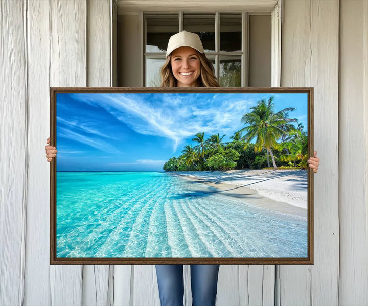 Tropical Beach Canvas Wall Art Print - Serene Ocean Landscape with Crystal Clear Turquoise Water and Palm Trees, Perfect for Coastal Wall Decor