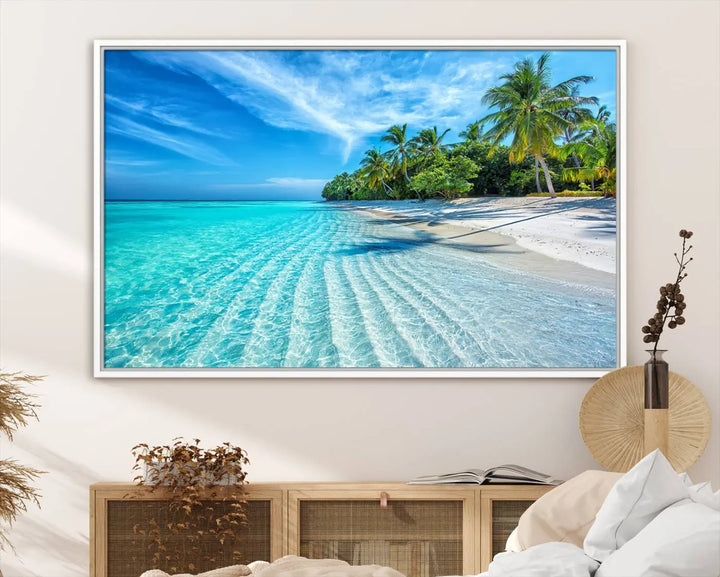 Tropical Beach Canvas Wall Art Print - Serene Ocean Landscape with Crystal Clear Turquoise Water and Palm Trees, Perfect for Coastal Wall Decor