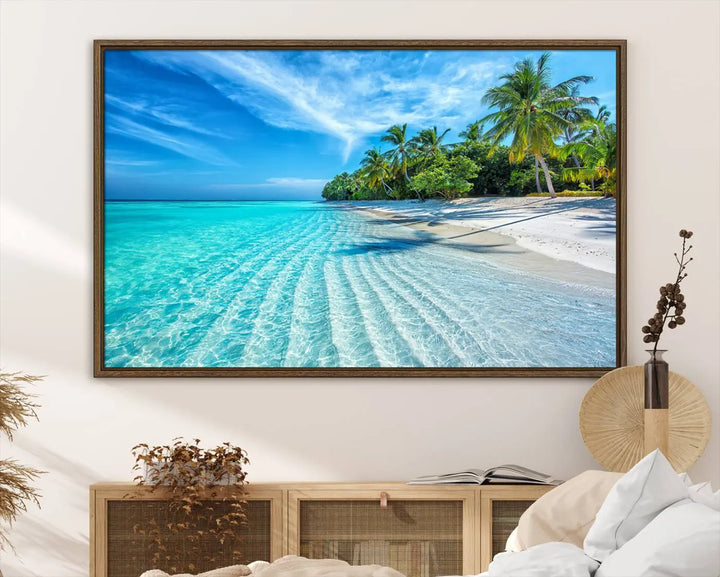 Tropical Beach Canvas Wall Art Print - Serene Ocean Landscape with Crystal Clear Turquoise Water and Palm Trees, Perfect for Coastal Wall Decor