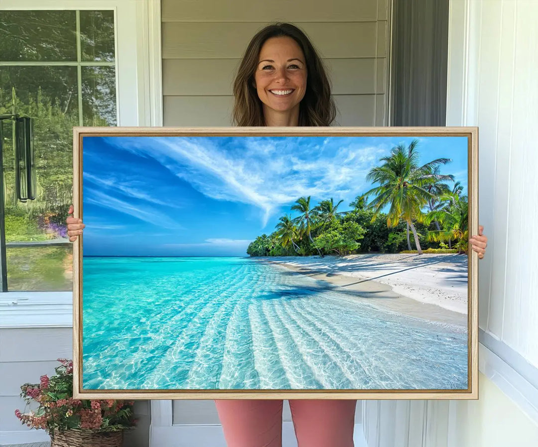 Tropical Beach Canvas Wall Art Print - Serene Ocean Landscape with Crystal Clear Turquoise Water and Palm Trees, Perfect for Coastal Wall Decor