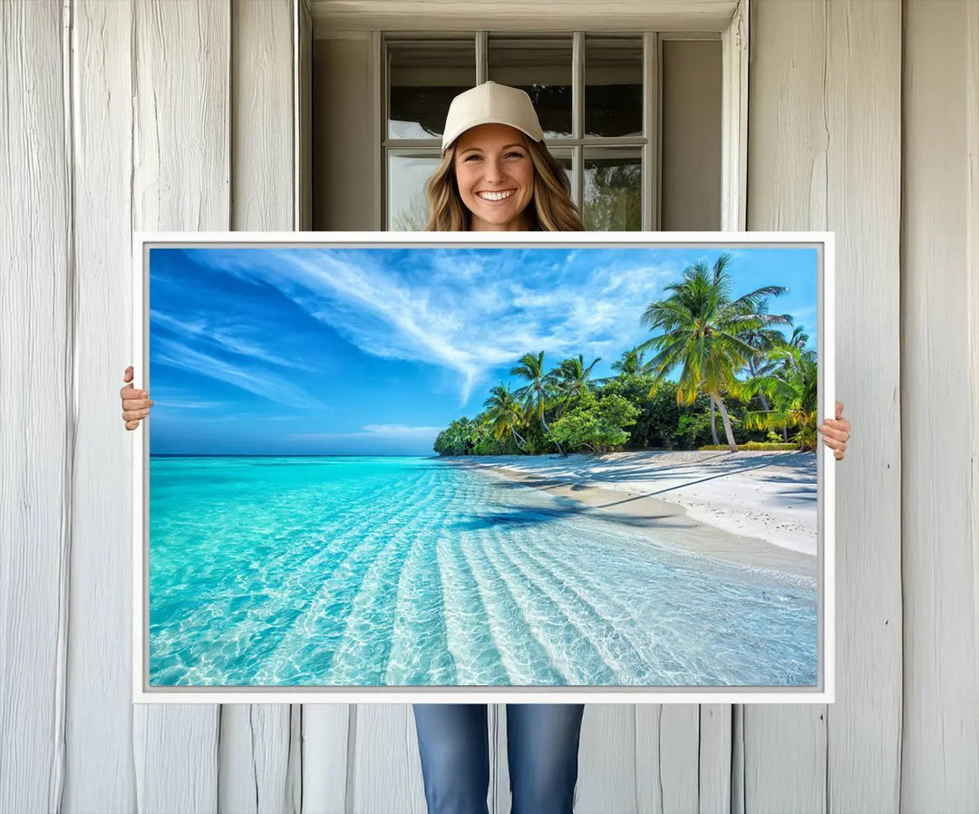 Tropical Beach Canvas Wall Art Print - Serene Ocean Landscape with Crystal Clear Turquoise Water and Palm Trees, Perfect for Coastal Wall Decor