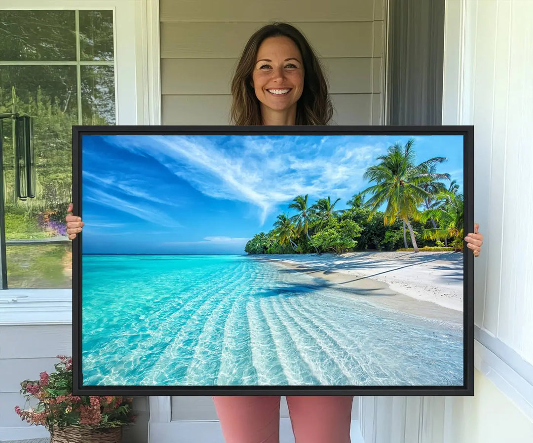 Tropical Beach Canvas Wall Art Print - Serene Ocean Landscape with Crystal Clear Turquoise Water and Palm Trees, Perfect for Coastal Wall Decor