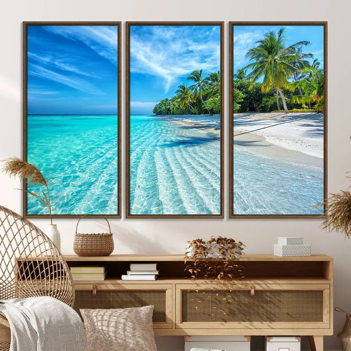 Tropical Beach Canvas Wall Art Print - Serene Ocean Landscape with Crystal Clear Turquoise Water and Palm Trees, Perfect for Coastal Wall Decor