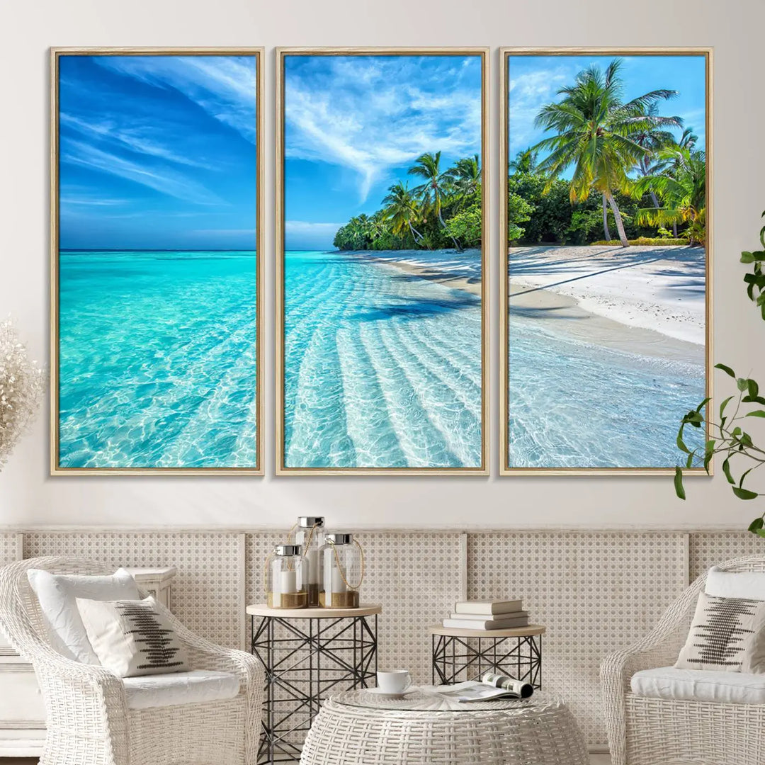 Tropical Beach Canvas Wall Art Print - Serene Ocean Landscape with Crystal Clear Turquoise Water and Palm Trees, Perfect for Coastal Wall Decor