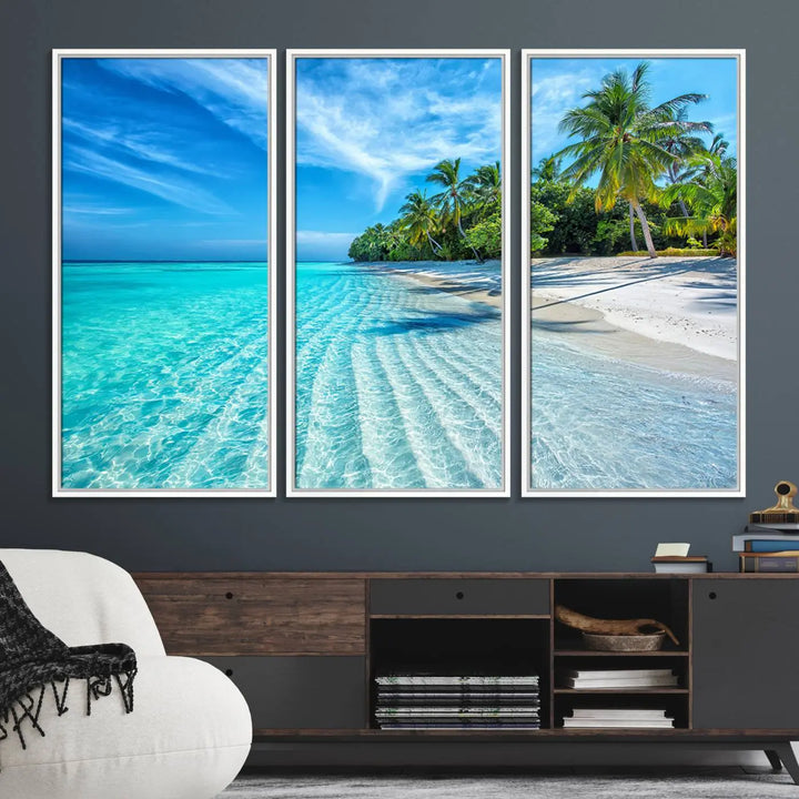 Tropical Beach Canvas Wall Art Print - Serene Ocean Landscape with Crystal Clear Turquoise Water and Palm Trees, Perfect for Coastal Wall Decor