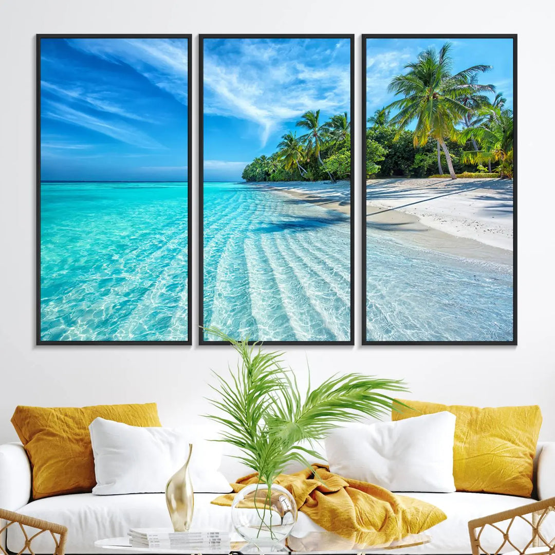 Tropical Beach Canvas Wall Art Print - Serene Ocean Landscape with Crystal Clear Turquoise Water and Palm Trees, Perfect for Coastal Wall Decor