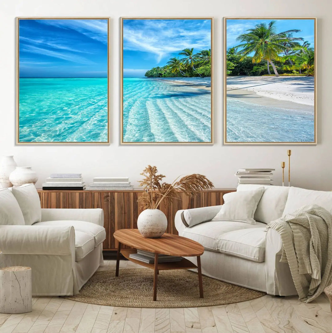 Tropical Beach Canvas Wall Art Print - Serene Ocean Landscape with Crystal Clear Turquoise Water and Palm Trees, Perfect for Coastal Wall Decor