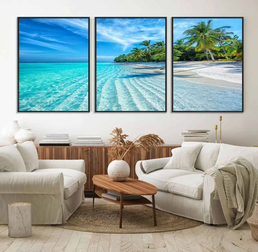 Tropical Beach Canvas Wall Art Print - Serene Ocean Landscape with Crystal Clear Turquoise Water and Palm Trees, Perfect for Coastal Wall Decor