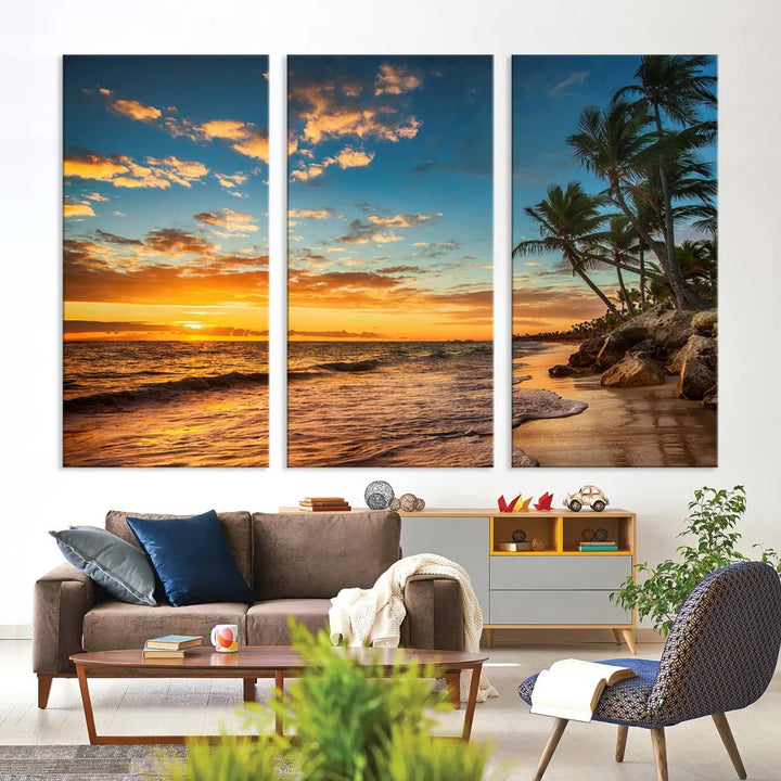 Tropical Beach and Sunset Artwork Wall Art Canvas Print for Living Room Bedroom Decor