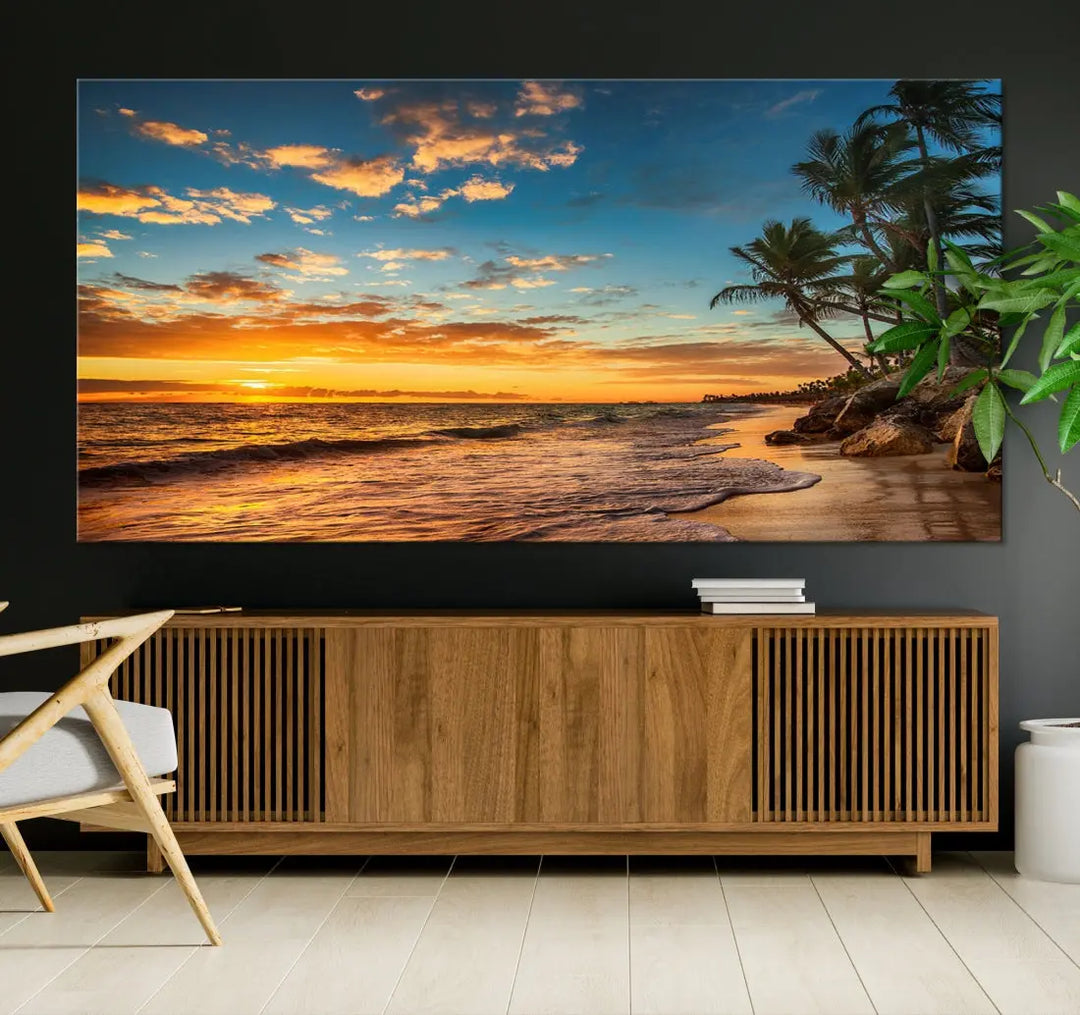 Tropical Beach and Sunset Artwork Wall Art Canvas Print for Living Room Bedroom Decor