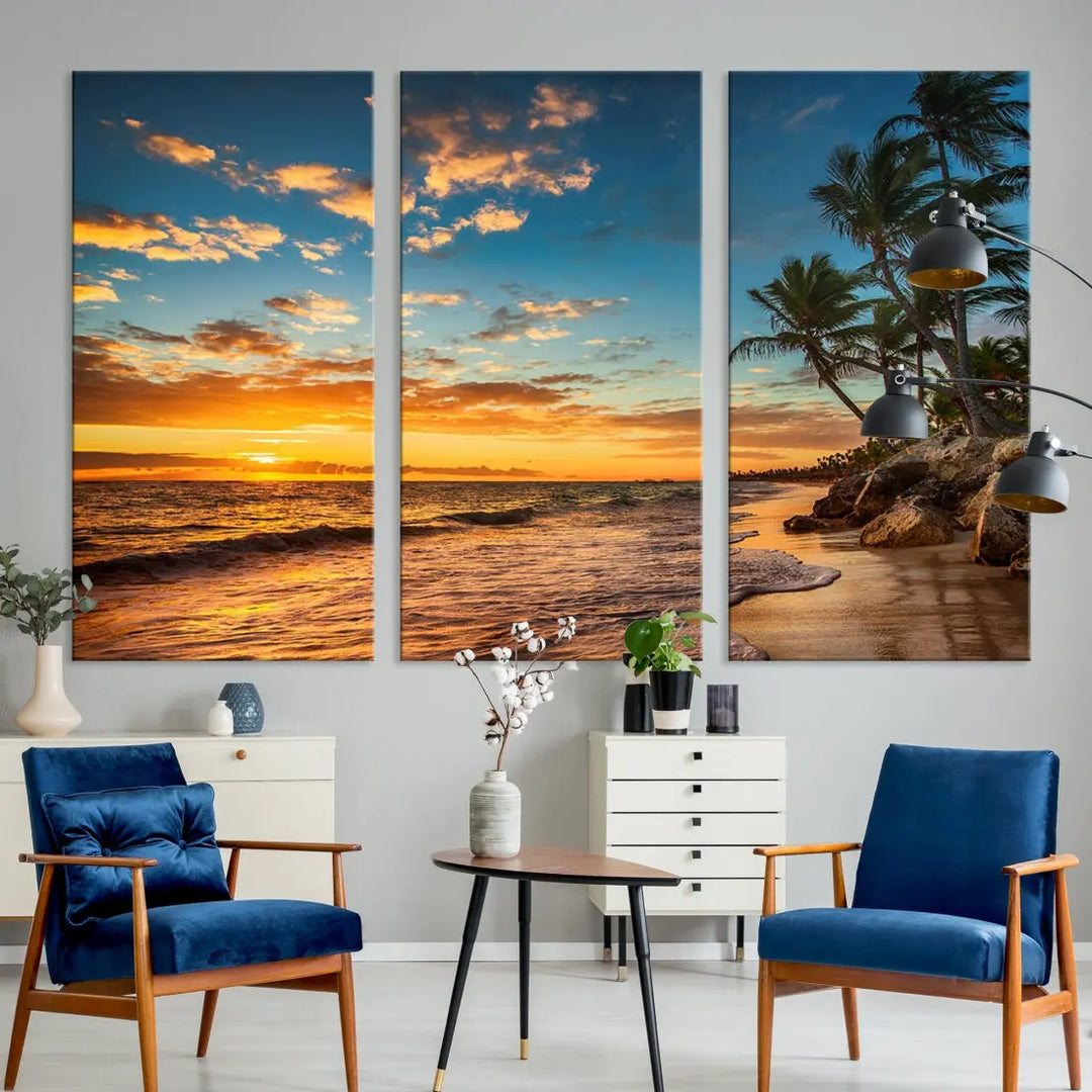 Tropical Beach and Sunset Artwork Wall Art Canvas Print for Living Room Bedroom Decor