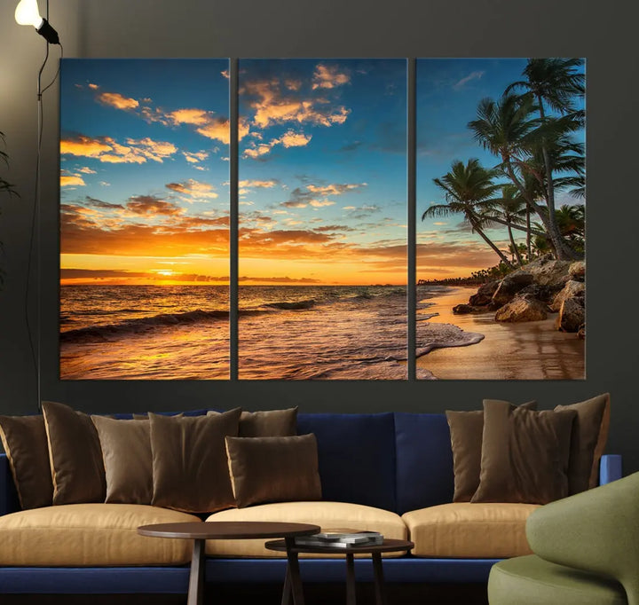 Tropical Beach and Sunset Artwork Wall Art Canvas Print for Living Room Bedroom Decor