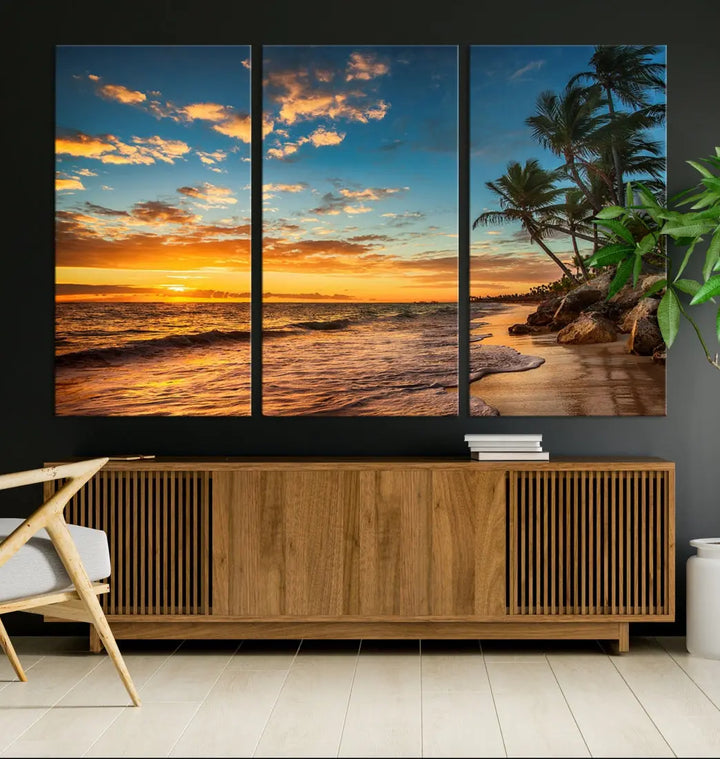 Tropical Beach and Sunset Artwork Wall Art Canvas Print for Living Room Bedroom Decor