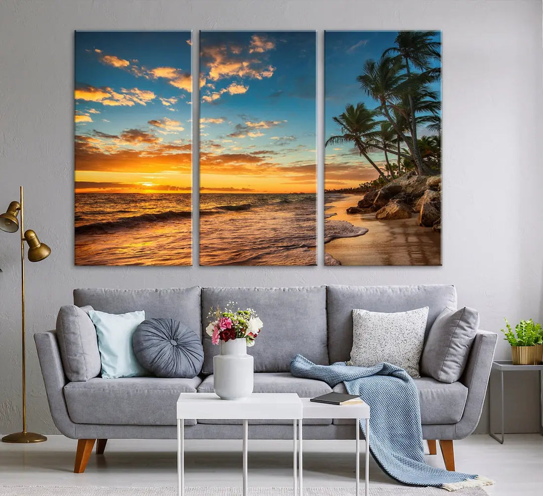 Tropical Beach and Sunset Artwork Wall Art Canvas Print for Living Room Bedroom Decor