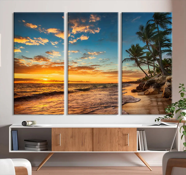 Tropical Beach and Sunset Artwork Wall Art Canvas Print for Living Room Bedroom Decor