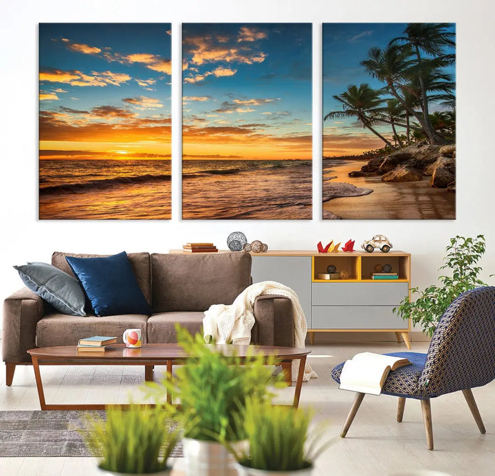 Tropical Beach and Sunset Artwork Wall Art Canvas Print for Living Room Bedroom Decor