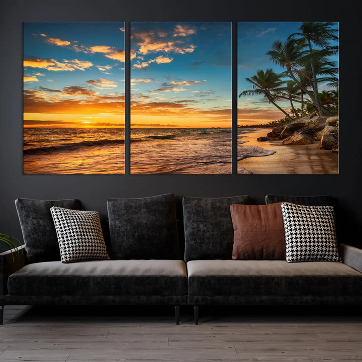 Tropical Beach and Sunset Artwork Wall Art Canvas Print for Living Room Bedroom Decor