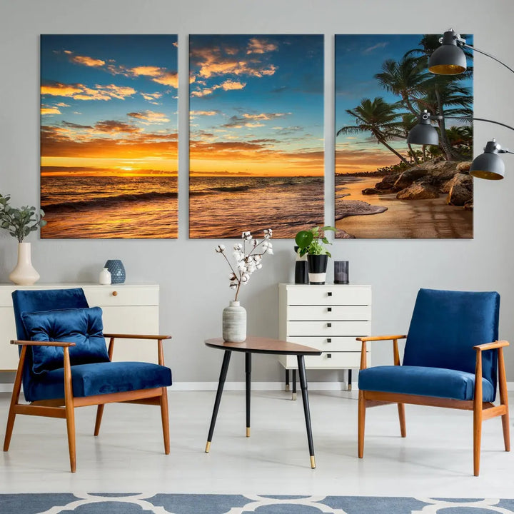 Tropical Beach and Sunset Artwork Wall Art Canvas Print for Living Room Bedroom Decor