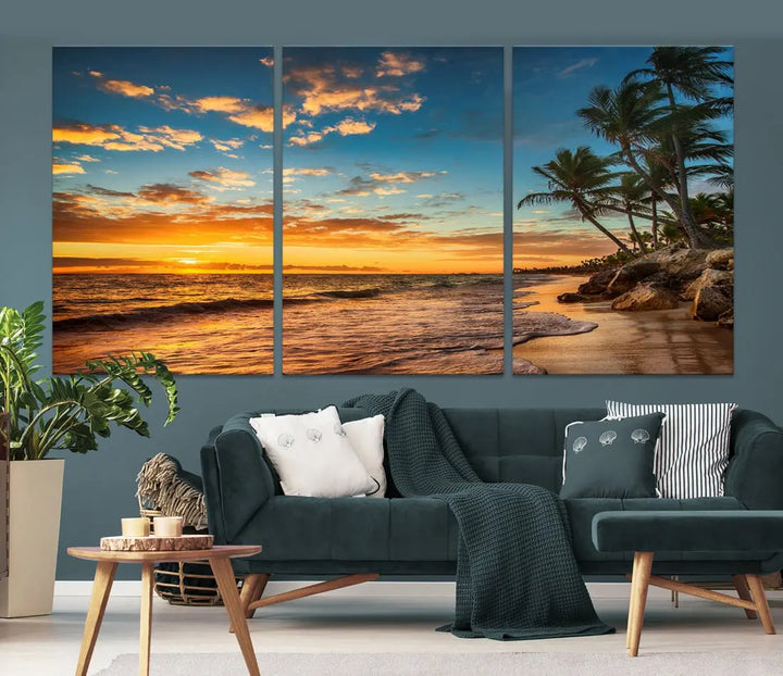 Tropical Beach and Sunset Artwork Wall Art Canvas Print for Living Room Bedroom Decor