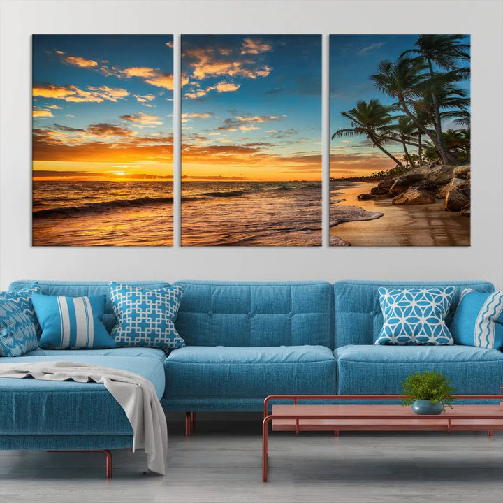 Tropical Beach and Sunset Artwork Wall Art Canvas Print for Living Room Bedroom Decor