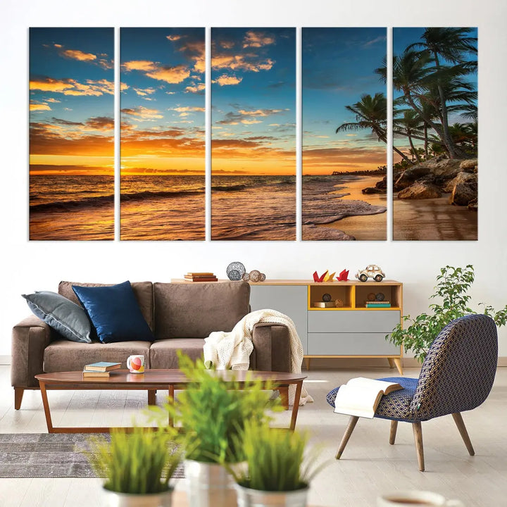 Tropical Beach and Sunset Artwork Wall Art Canvas Print for Living Room Bedroom Decor