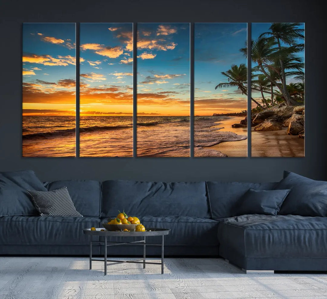 Tropical Beach and Sunset Artwork Wall Art Canvas Print for Living Room Bedroom Decor