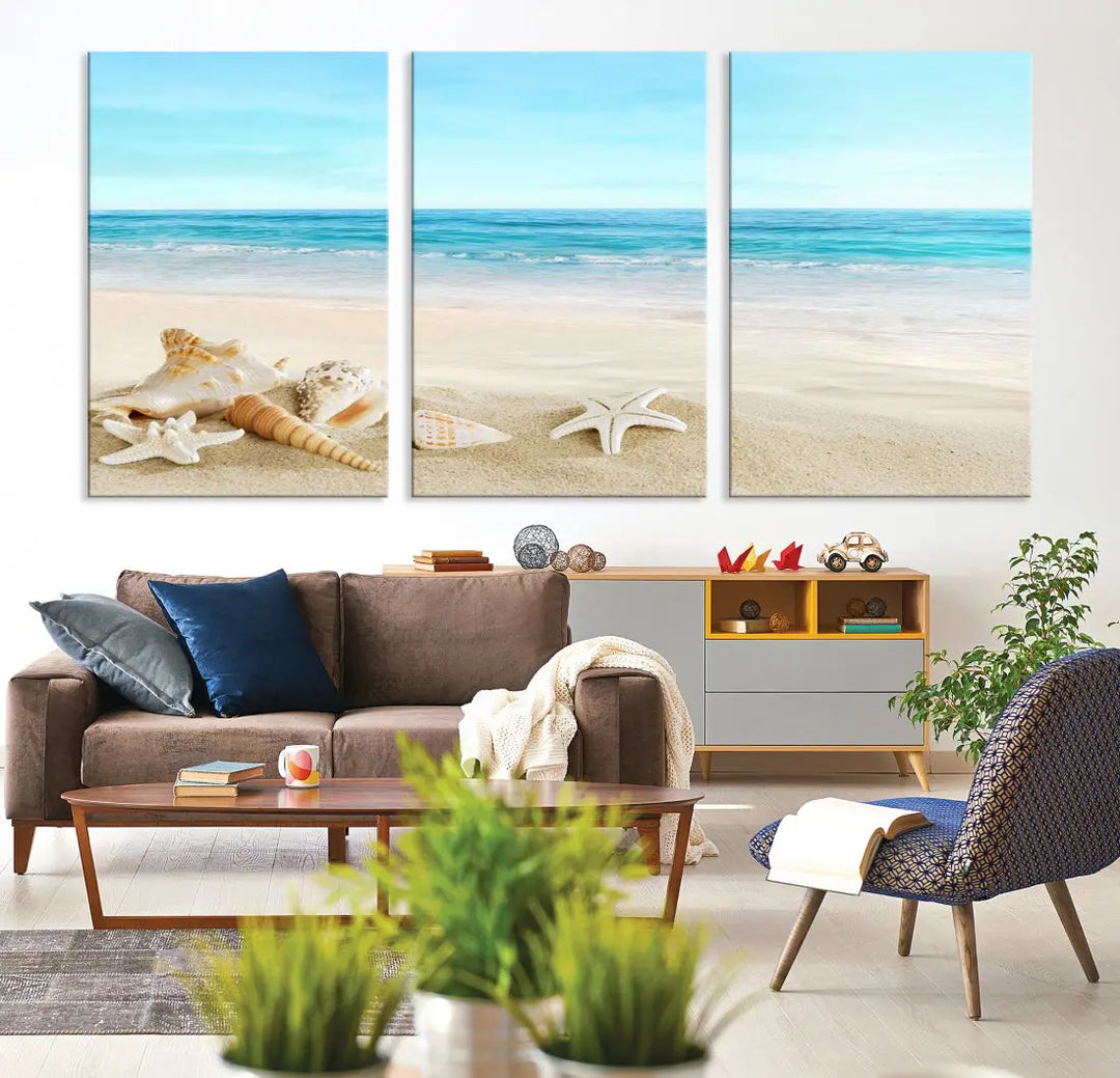 Turquoise Ocean Seashell Starfish on the Beach Wall Art Canvas Print