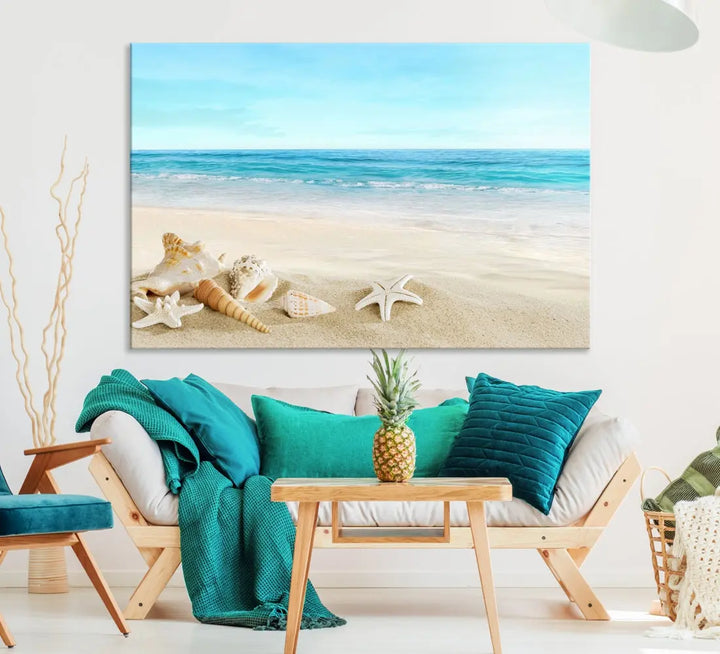 Turquoise Ocean Seashell Starfish on the Beach Wall Art Canvas Print