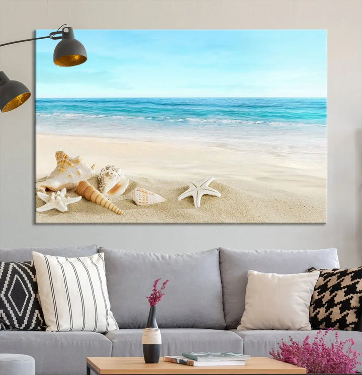 Turquoise Ocean Seashell Starfish on the Beach Wall Art Canvas Print