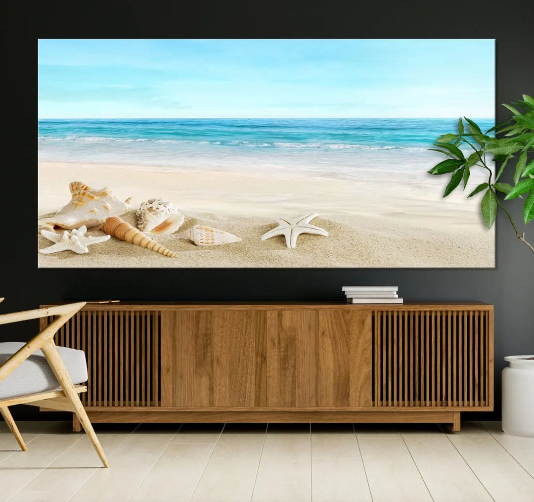 Turquoise Ocean Seashell Starfish on the Beach Wall Art Canvas Print