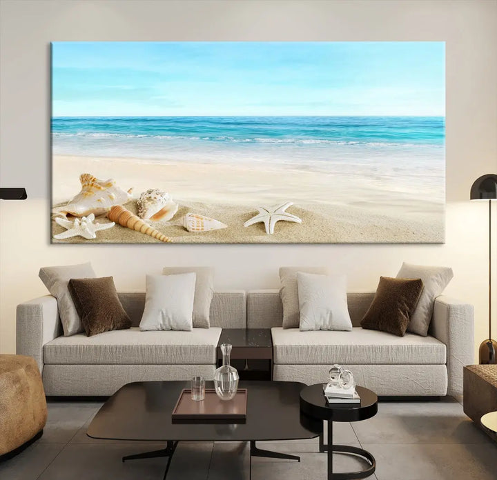 Turquoise Ocean Seashell Starfish on the Beach Wall Art Canvas Print