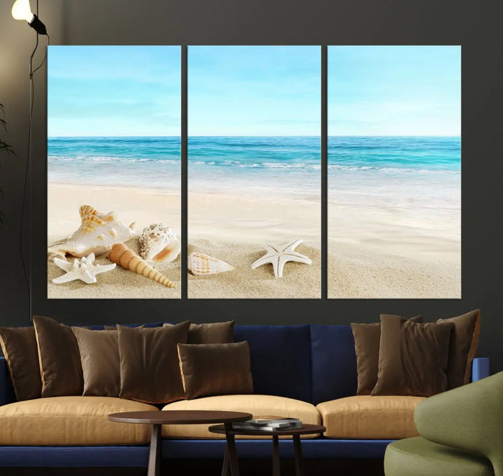 Turquoise Ocean Seashell Starfish on the Beach Wall Art Canvas Print