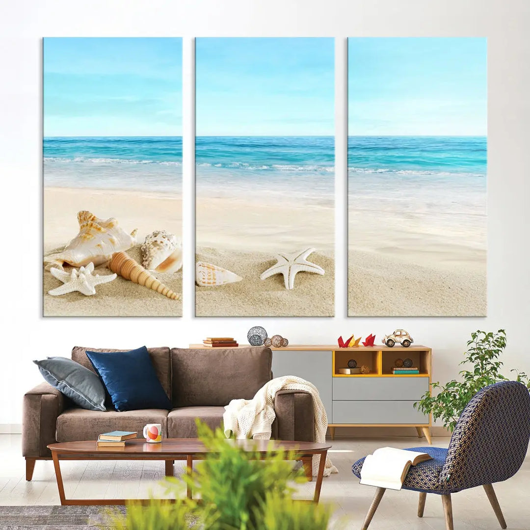 Turquoise Ocean Seashell Starfish on the Beach Wall Art Canvas Print