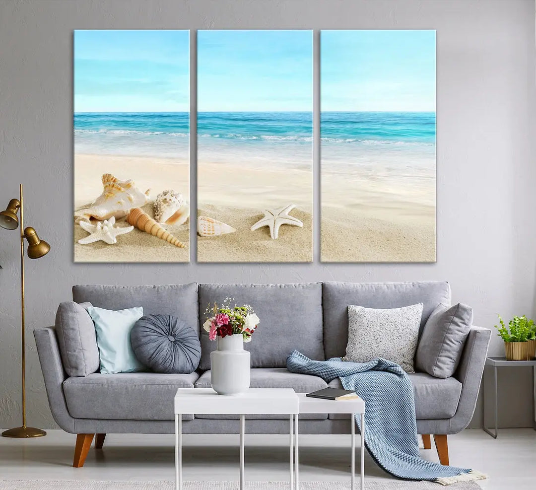 Turquoise Ocean Seashell Starfish on the Beach Wall Art Canvas Print