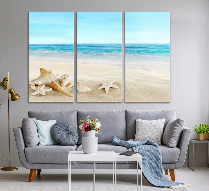 Turquoise Ocean Seashell Starfish on the Beach Wall Art Canvas Print