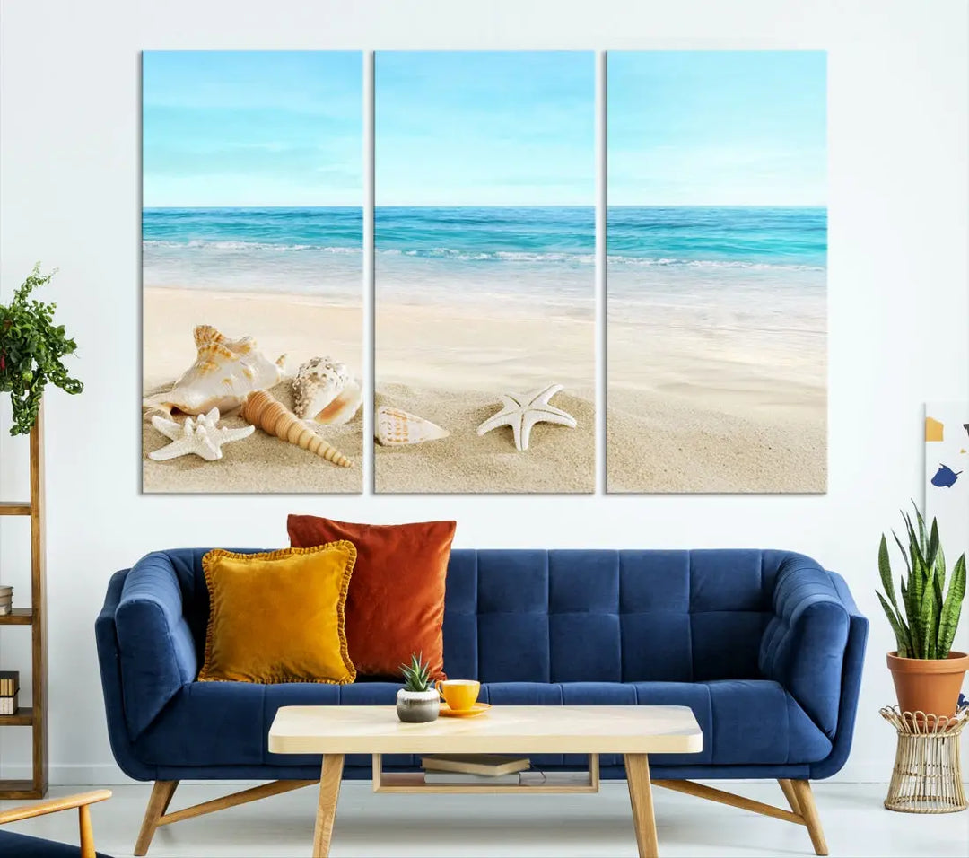 Turquoise Ocean Seashell Starfish on the Beach Wall Art Canvas Print