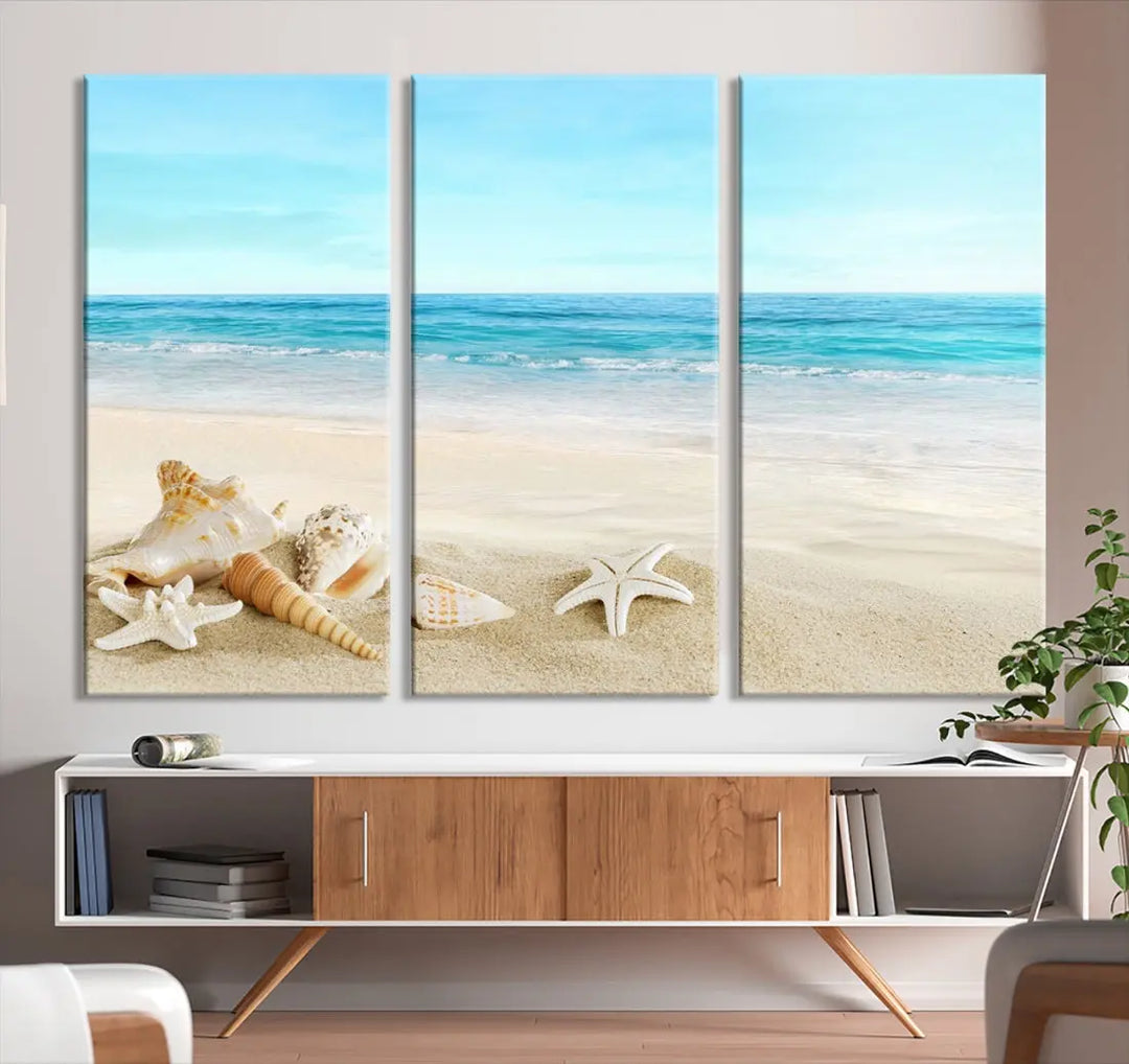 Turquoise Ocean Seashell Starfish on the Beach Wall Art Canvas Print