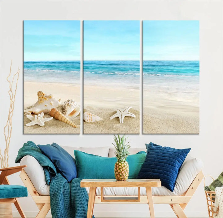 Turquoise Ocean Seashell Starfish on the Beach Wall Art Canvas Print