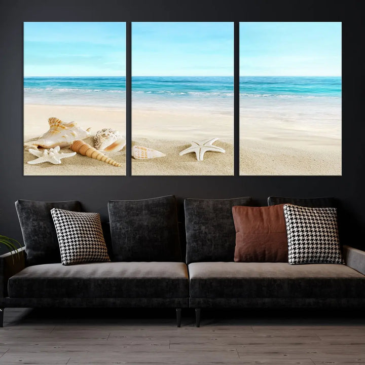 Turquoise Ocean Seashell Starfish on the Beach Wall Art Canvas Print