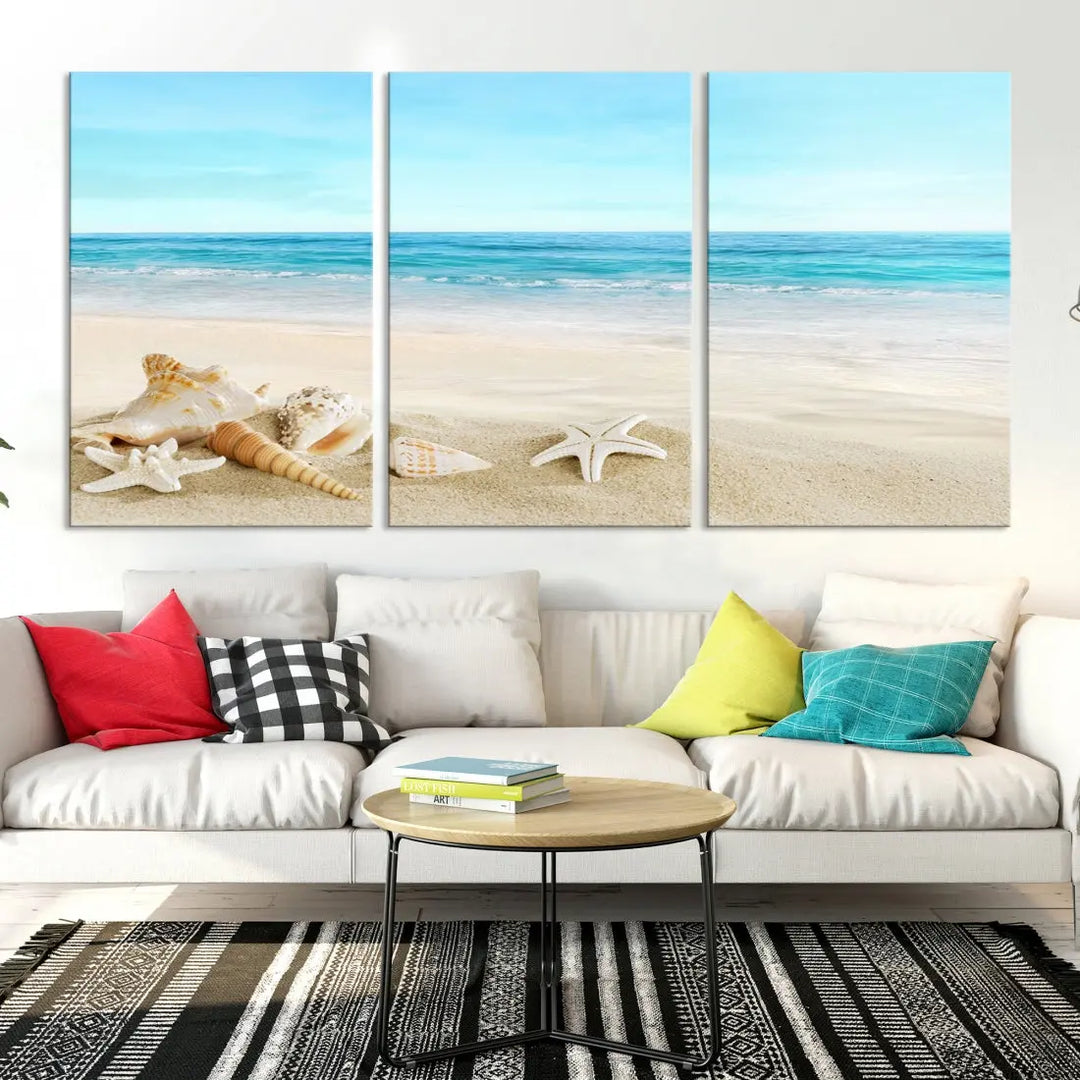 Turquoise Ocean Seashell Starfish on the Beach Wall Art Canvas Print